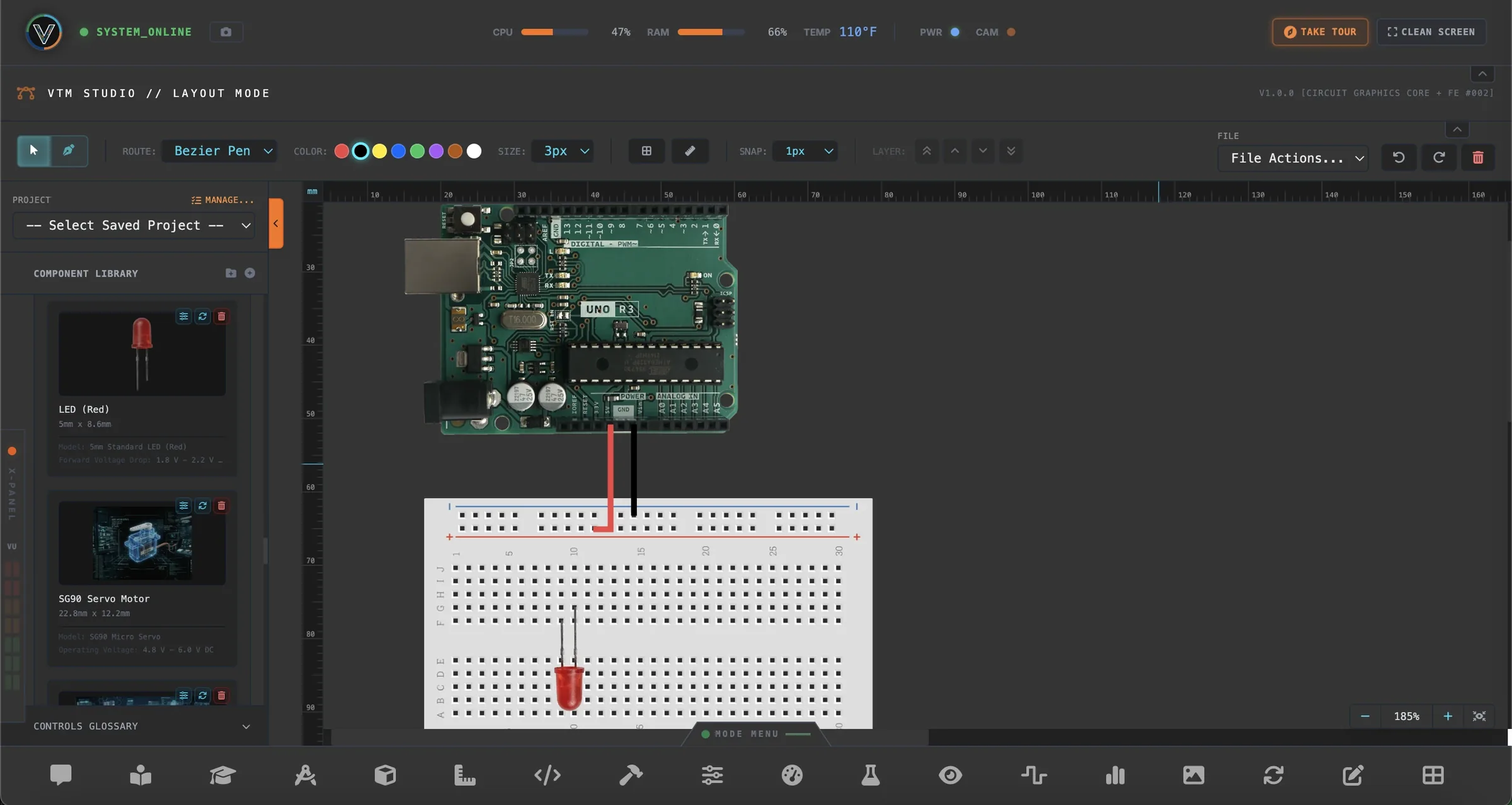 VTM Studio Layout Mode — Arduino UNO R3, Breadboard and Component Library